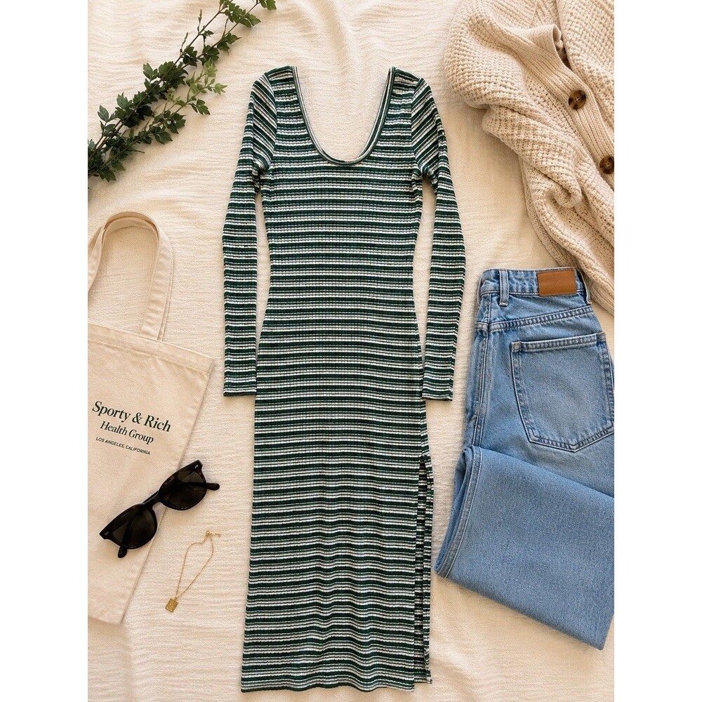 American Eagle Women’s Medium Ribbed Striped Midi Dress Long Sleeve Green White